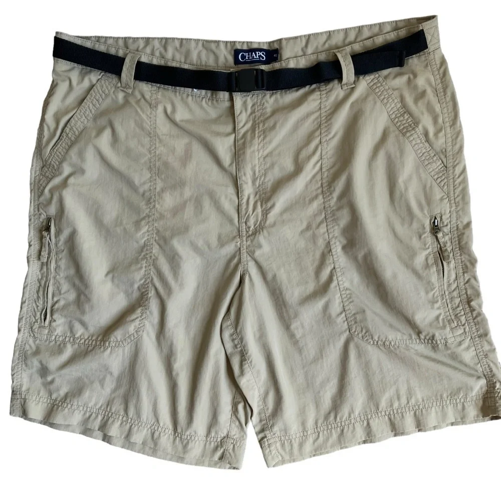 Chaps Flat Front Nylon Safari Shorts Zip Cargo Pockets Built-in Belt Tan Sz 42